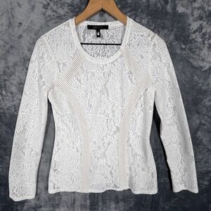 BCBGMAXAZRIA Womens Mikayla Valencia Lace Top S White Floral Sheer Long Sleeve